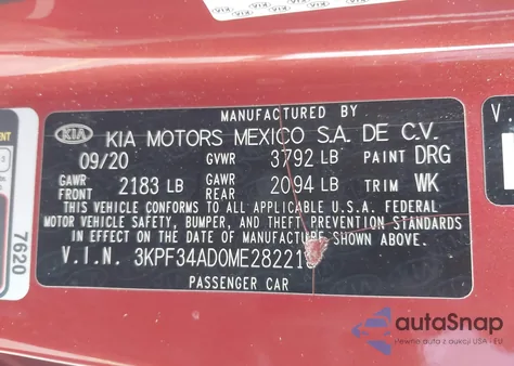 2021 Kia Forte Gt-Line z USA, uszkodzony, nr VIN 3KPF34AD0ME282213